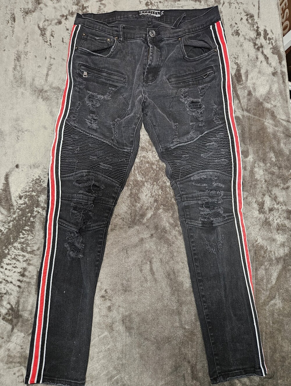 Decibel Men's Distressed Stacked Black Jeans Stripe Side Detail 38x33 Streetwear